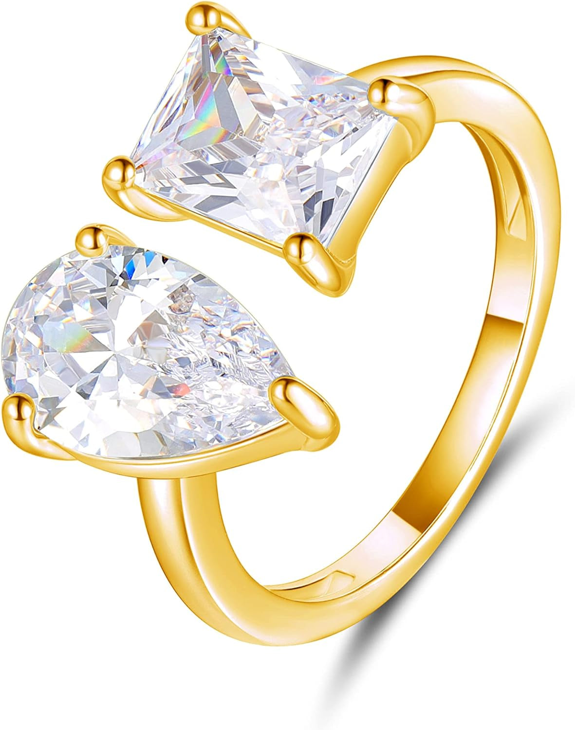 Adjustable Stretchy Eternity Ring,14K Gold Plated Pear/Square Cubic Zirconia Open Wedding Rings for Women