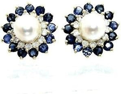 Vintage 14K Yellow Gold Plated 1.36Ct Sapphire Pearl Diamond Floral Stud Earrings