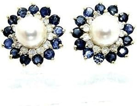Vintage 14K Yellow Gold Plated 1.36Ct Sapphire Pearl Diamond Floral Stud Earrings