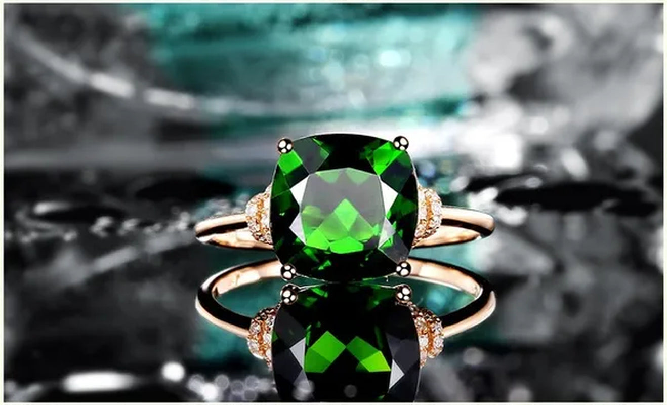 Natural Emerald Diamond Ring 18K Yellow Gold Engagement Jewelry