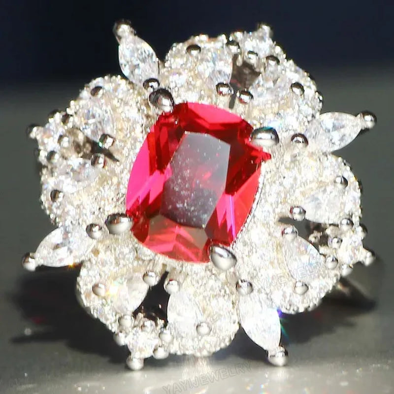 Gorgeous  Silver Natural Gemstones White Sapphire & Ruby Ring Wedding Birthstone Bride Engagement Multilevel Square Ring Jewelry Size 6 7 8 9 10