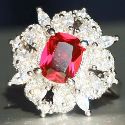 Gorgeous  Silver Natural Gemstones White Sapphire & Ruby Ring Wedding Birthstone Bride Engagement Multilevel Square Ring Jewelry Size 6 7 8 9 10