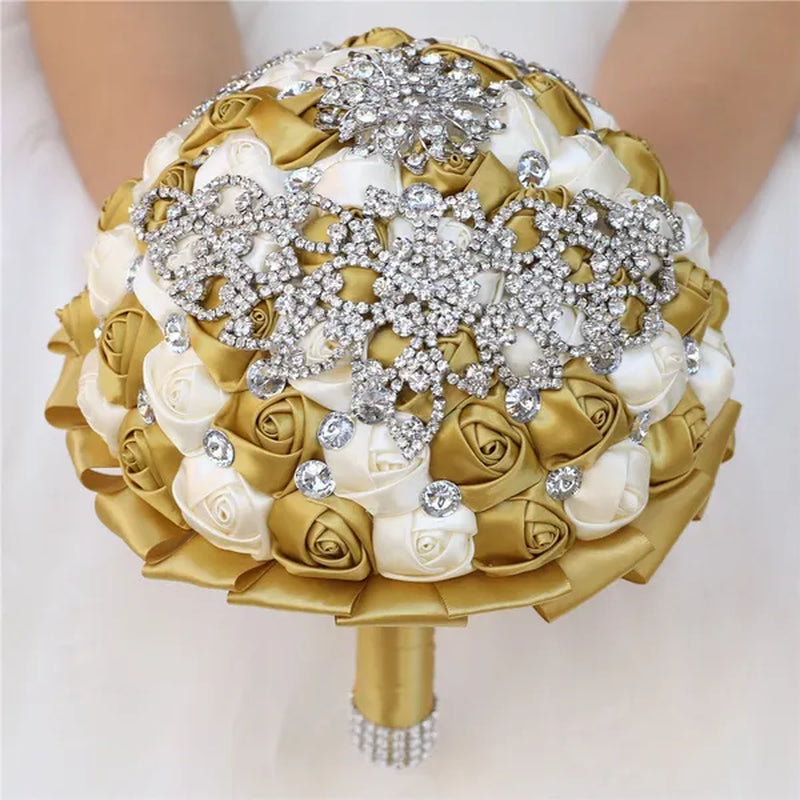 21CM Creative Handmade Diamond Flower Brooch Bouquet Ribbon Silk Rose Wedding Flower Bridal Bouquet Bridesmaid Holding Flowers