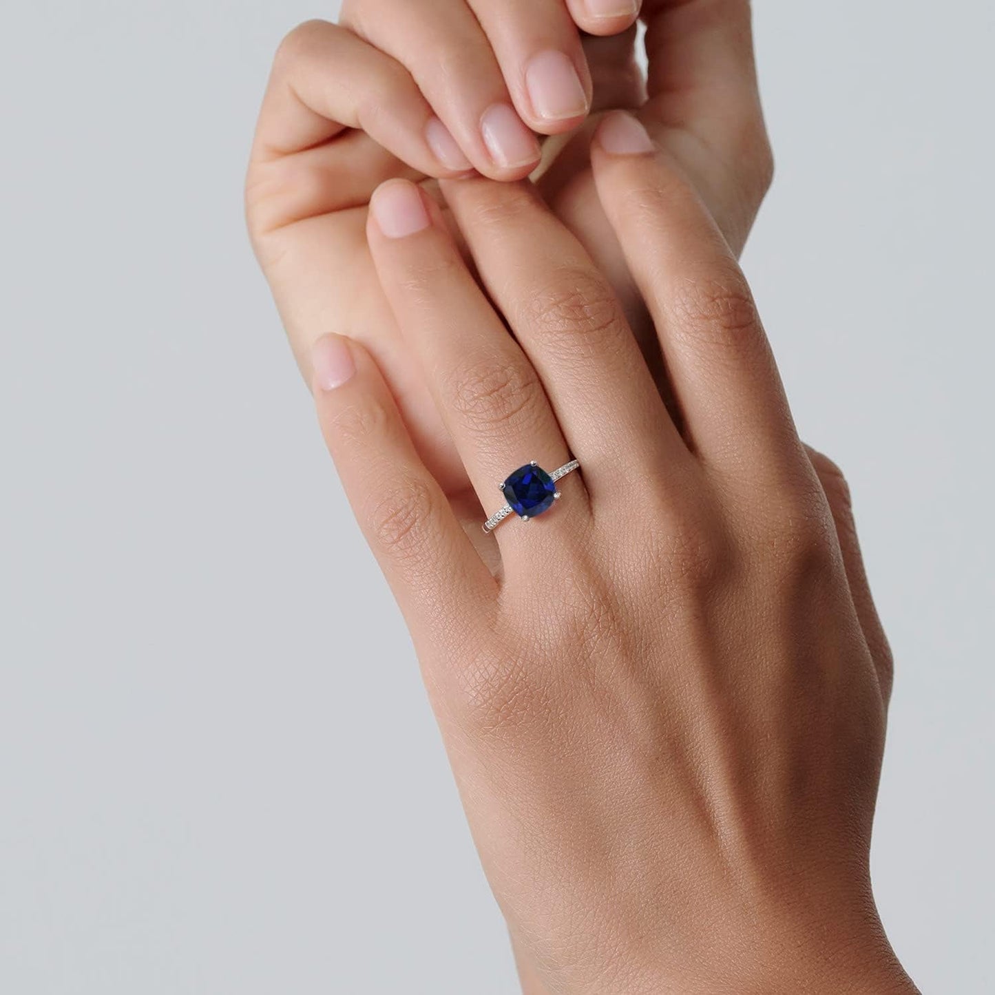 925 Sterling Silver Blue Created Sapphire Engagement Ring for Women (2.62 Cttw, Cushion Cut 8MM, Available in Size 5, 6, 7, 8, 9)
