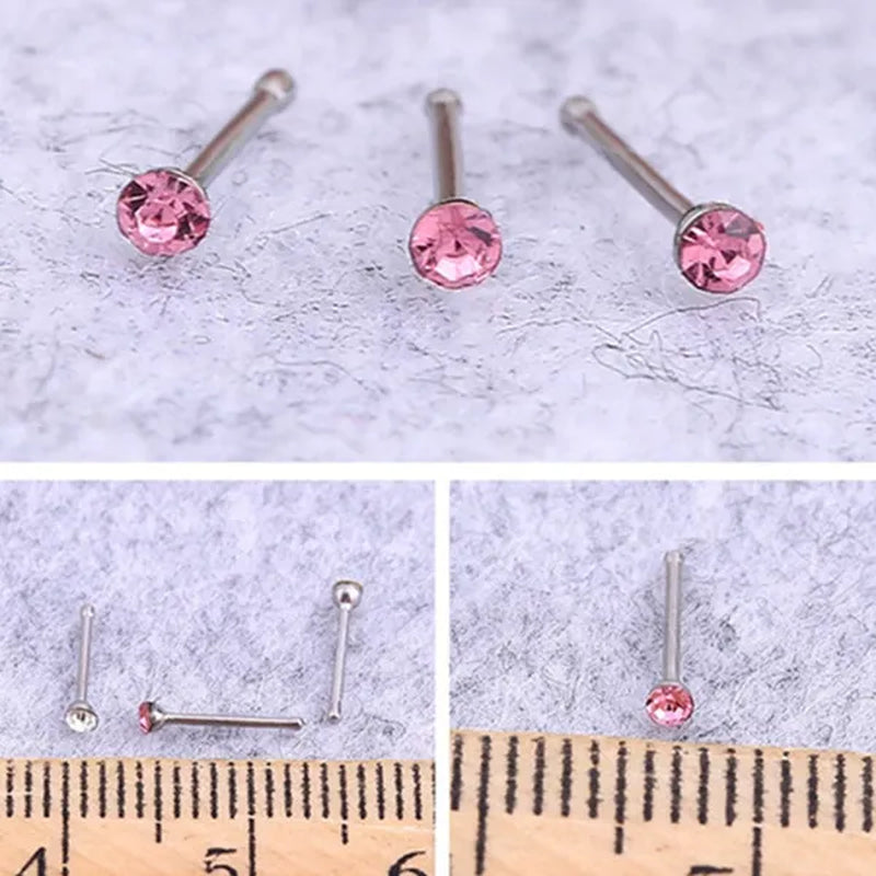 New Fashion Stainless Steel CZ Crystal Straight Shape Diamond Rhinestone Nose Ring Body Piercing Stud Jewelry Bone 20 Gauge for Women Girls 2 Types