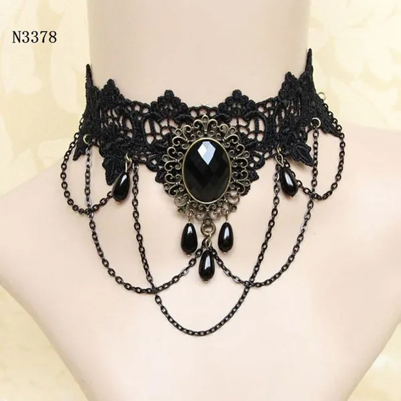 Black Lace Necklace Chokers Vintage Style Female Gothic Wedding Red Rose Crystal Diamond Pendant Collarbone Necklaces Chain Accessories for Women Girls