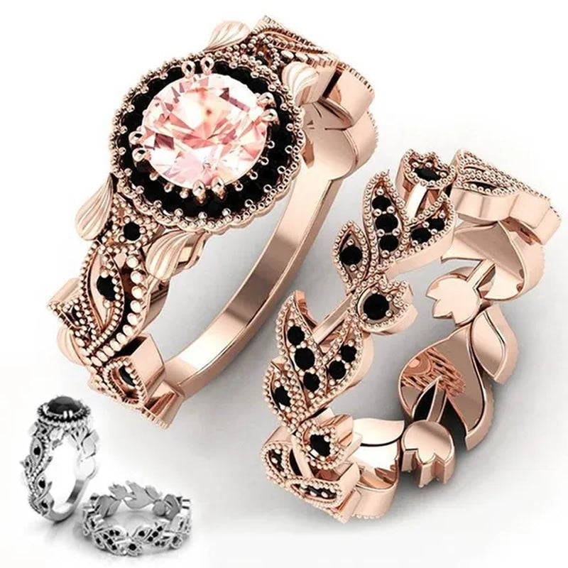 2 Pieces/Set of Exquisite Fashion Ideas Flowers Ring Black Zircon Ring Flower Vine Ladies Ring Jewelry Wedding Ring Princess Proposal Ring Anniversary Gift (Size: 5-11)