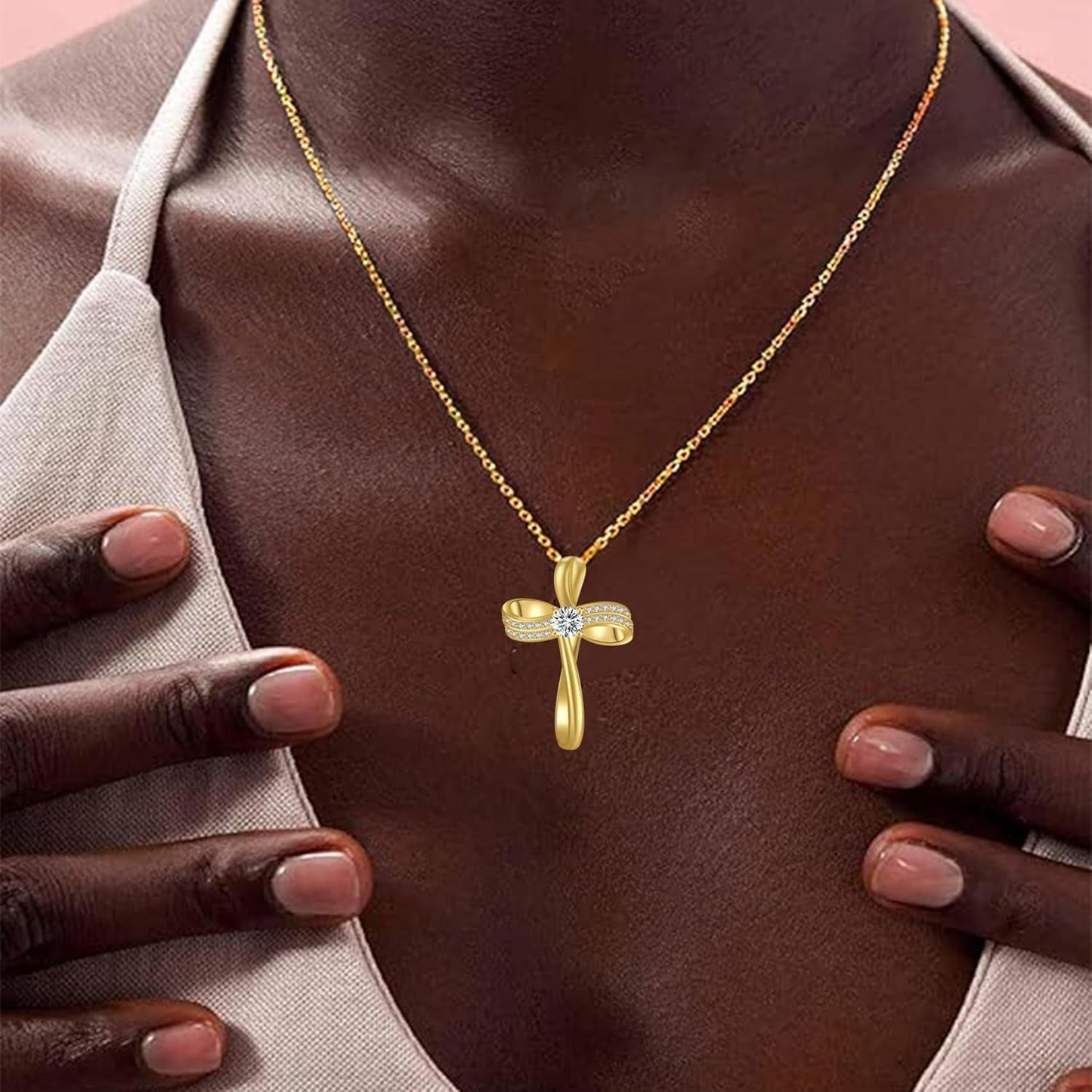 18K Gold Plated Cross Necklace for Women, S925 Sterling Silver Necklace for Women, Infinity Loop Pendant Jewelry with 5A Cubic Zirconia, Anniversary Birthday Christian Gifts for Women Her Wife