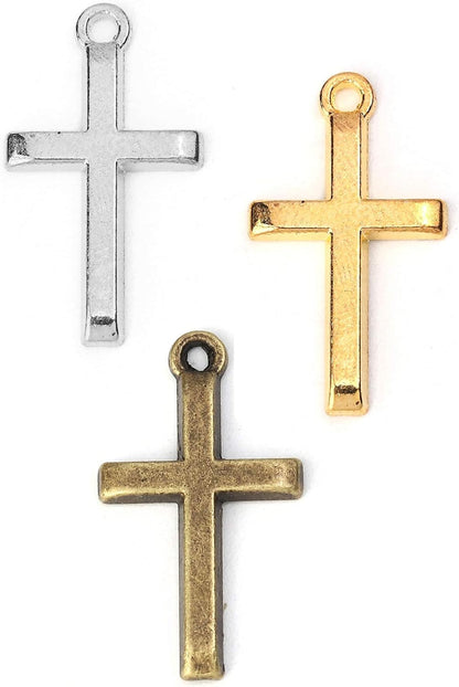 Cross Crucifix Charm Pendants - 150 Pack (50 of Each), 1 Inch X 1/2 Inch, Antiqued Silver/Bronze/Gold Tone, DIY Jewelry Making Supplies