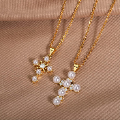 Pearl Cross Necklace Religion Faith Protection Jewelry for Women Inspirational Baptism Gifts 18K Gold Plated Chain
