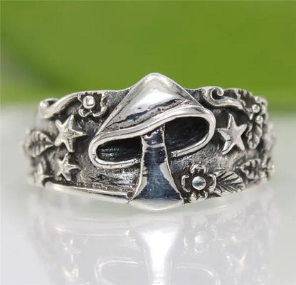 Exquisite Fashion Jewelry 925 Sterling Silver Mushroom and Star Ring Men and Women Wedding Band Engagement Promise Rings Anniversary Birthday Christmas Friendship Gift Couple Jewelry Rings Size 6-13