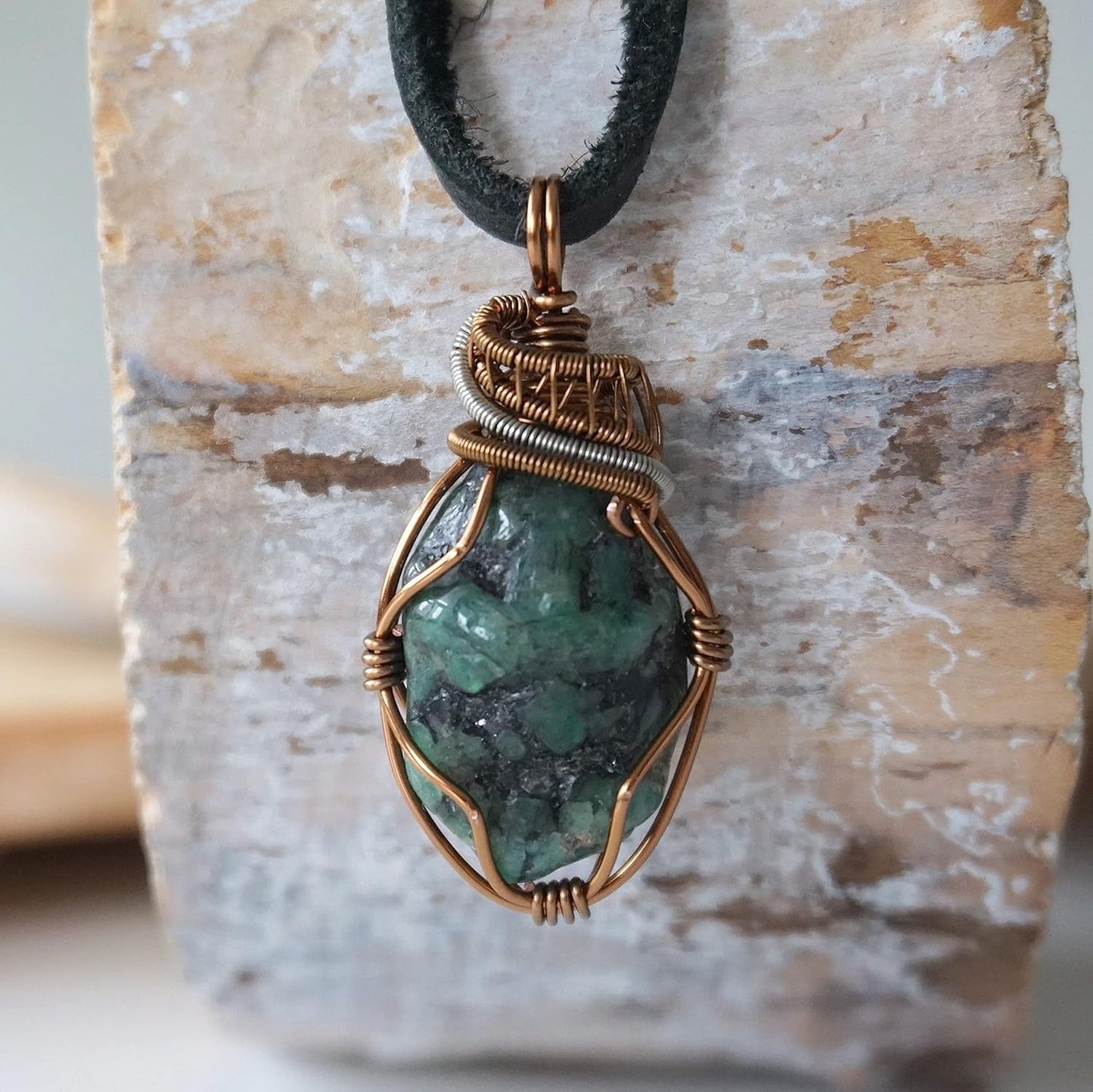 NEW  Handmade Emerald Necklace 24 Inch Black Leather Cord Antique Bronze, May Birthstone Jewelry, Handmade in North America