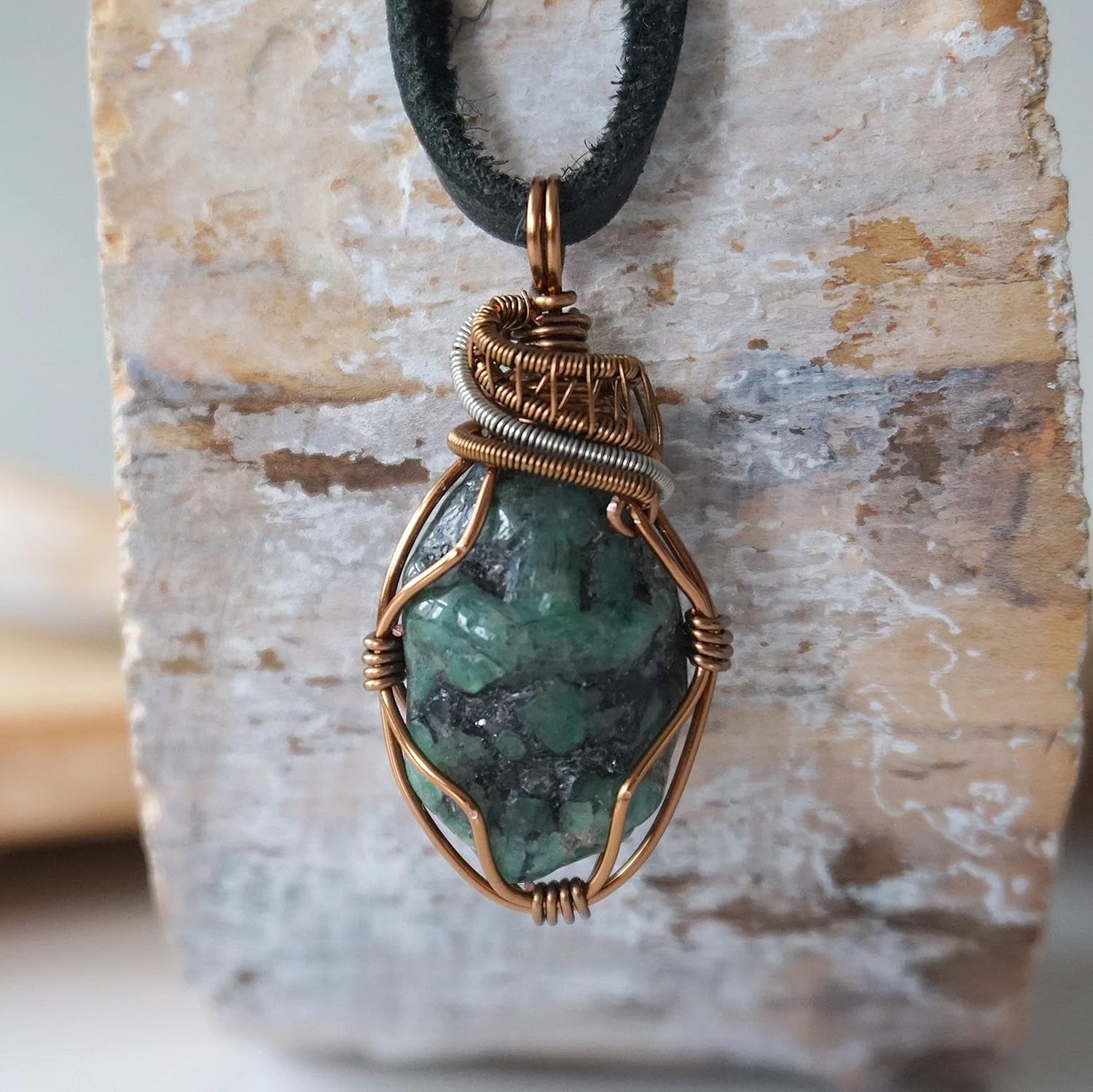 NEW  Handmade Emerald Necklace 24 Inch Black Leather Cord Antique Bronze, May Birthstone Jewelry, Handmade in North America