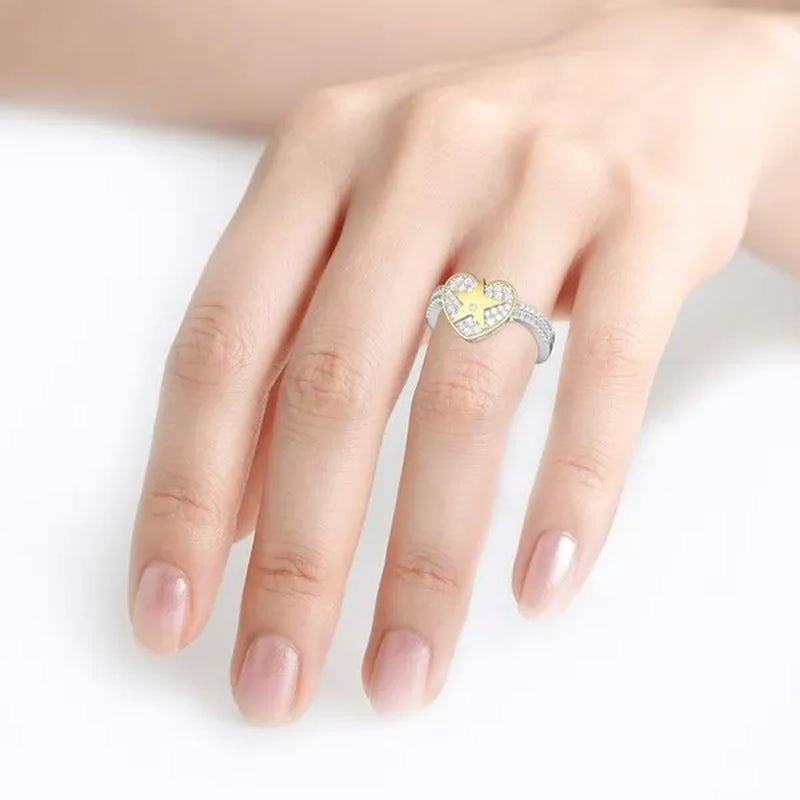 Temperament Ladies Fashion Shining Star 18K Yellow Love White Sapphire Diamond Earrings Ring