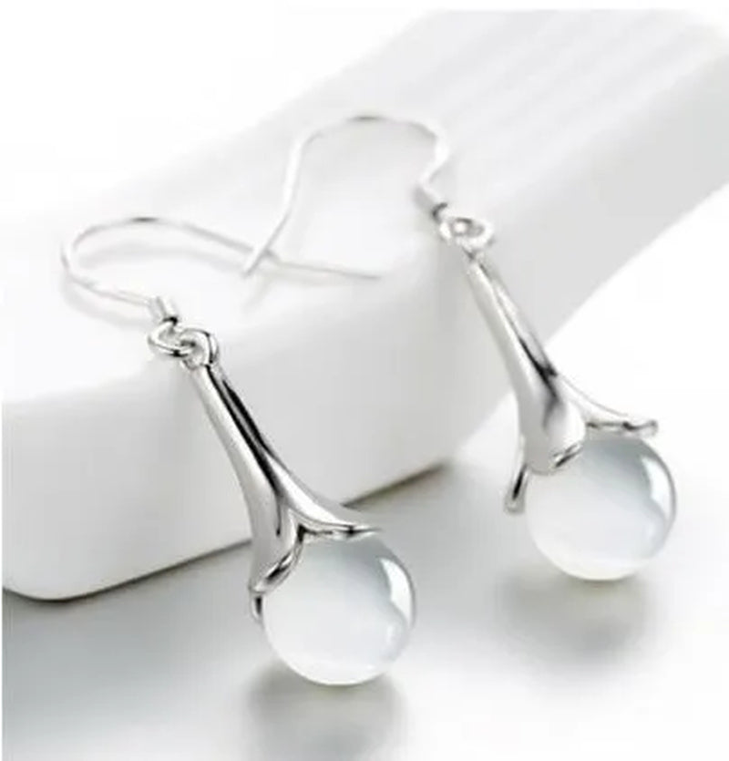 NEW ARRIVAL 925 Sterling Silver Long Earring Simple round Moonstone Dashing Woman Huggie Stud Christmas Birthday Gift Diamond Jewelry Bridal Lady Earrings
