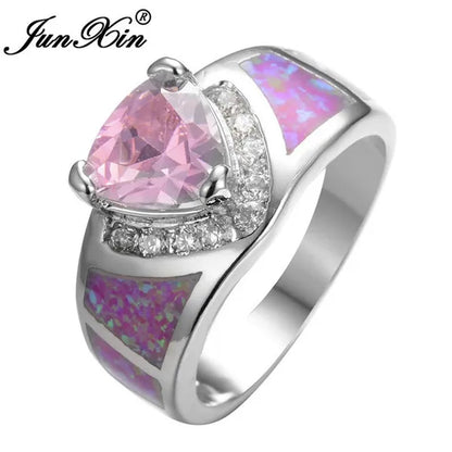 Junxin Triangular Heart Pink Sapphire Opal Ring 925 Sterling Silver Women Wedding Jewelry Size 6/7/8/9/10