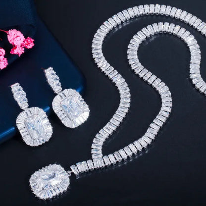 Gloriya Classic Sparkle Cubic Zircon Charm Square Pendant Choker Necklace Earrings for Bridal High Quality Sapphire Jewelry Set