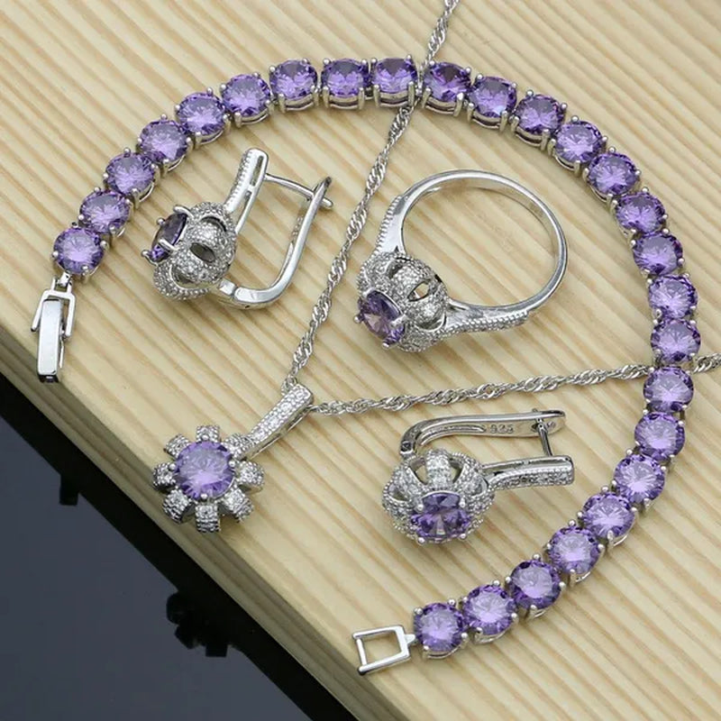 Natural Purple Amethyst 925 Silver Jewelry Set Sky White Topaz Gemstone Clip Earrings Pendant Ring Bracelet for Women