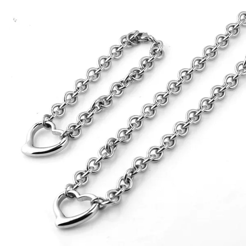 Charming Bracelet Necklace Set Silver Stainless Steel Oval Chain Womens Solid Heart Pendant Bracelet Accessories
