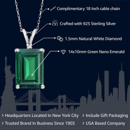 925 Sterling Silver Gemstone Birthstone and White Diamond Necklace | Emerald Cut 14X10MM Pendant Necklace for Women | with 18 Inch Silver Chain