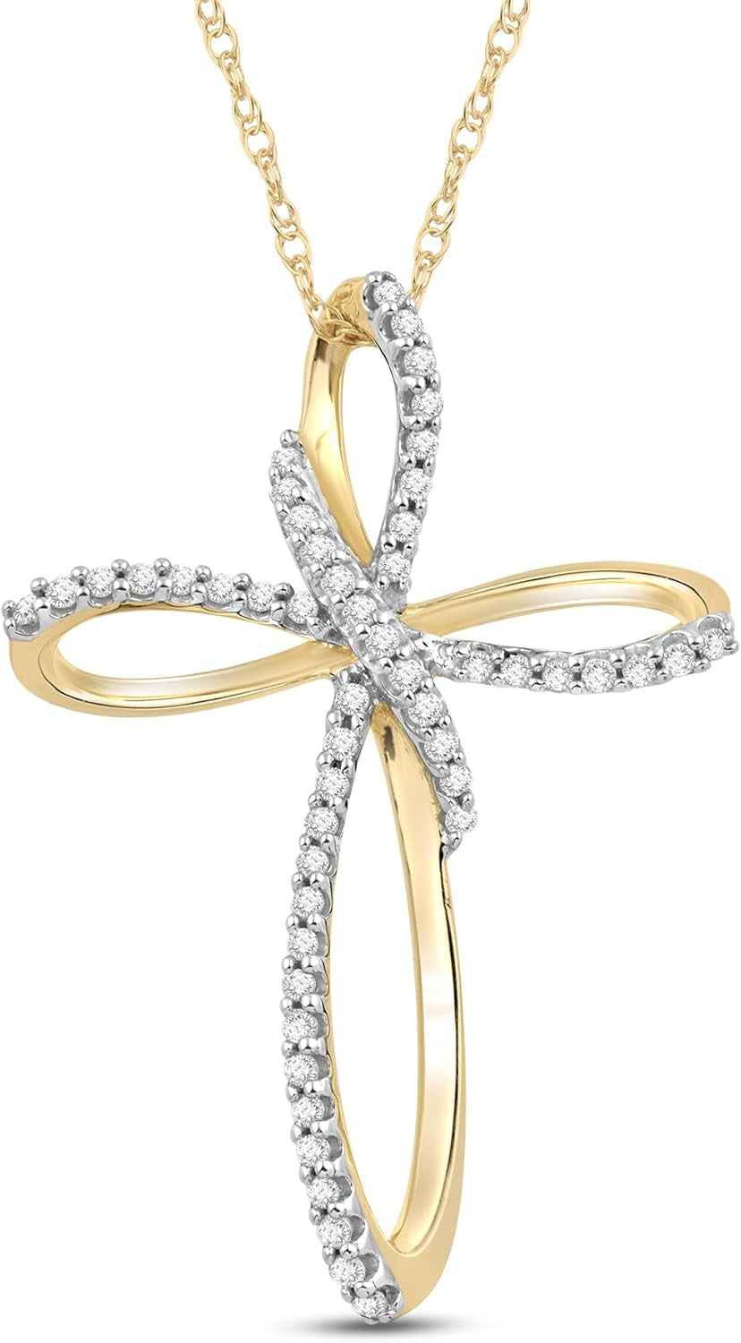 Cross Necklace Pendant with Natural White round Diamonds in 10K Rose, White or Yellow Gold, 18 Inch Rope Chain