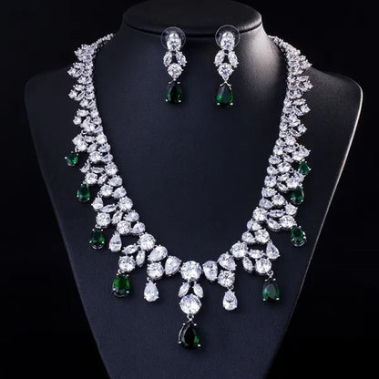 Gloriya Luxury Wedding Bridal Party Jewelry Set for Women White Gold Plated Red Cubic Zirconia Tear Drop Earrings Necklace Sets