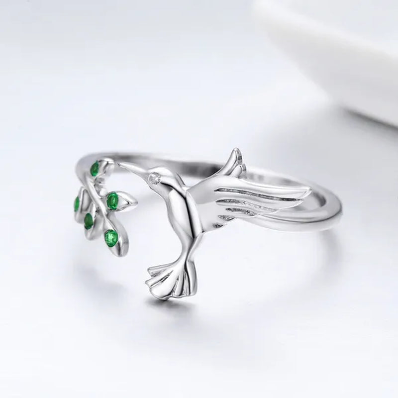 Hot Cute Bird Animal Open Ring 925 Sterling Silver Green Zircon Leaf Ring For Women Fashion Jewelry Gift