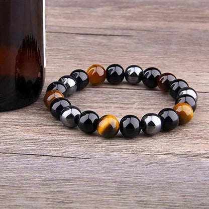 Men'S Fashion Natural Stone Bracelet Tiger Eye Triple Protection Hematite and Black Obsidian Bracelet Gift Jewelry