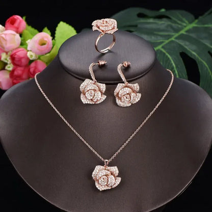 CANDICE Exquisite Banquet Party Jewelry Set for Women White Gold Plated Micro Inlaid AAA CZ Rose Flower Drop Necklace Silver Plated Earrings with Adjustable Ring