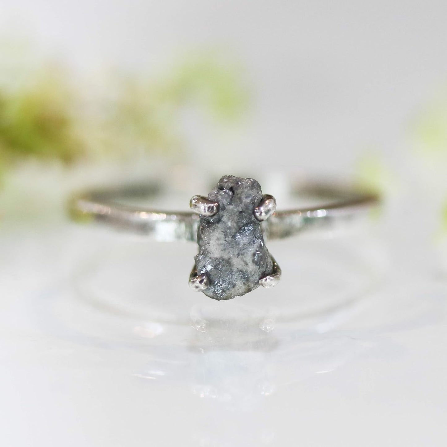 Real White/Grey Rough Diamond Ring in Prongs Setting with Sterling Silver High Polished Band
