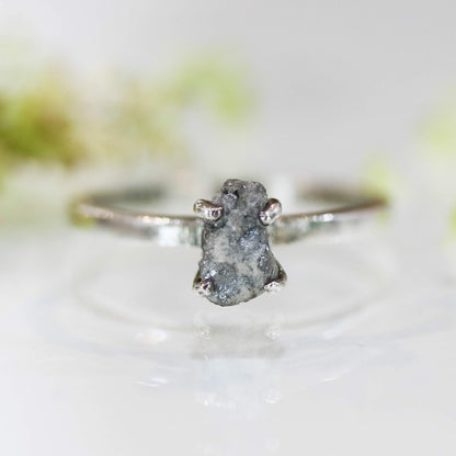 Real White/Grey Rough Diamond Ring in Prongs Setting with Sterling Silver High Polished Band