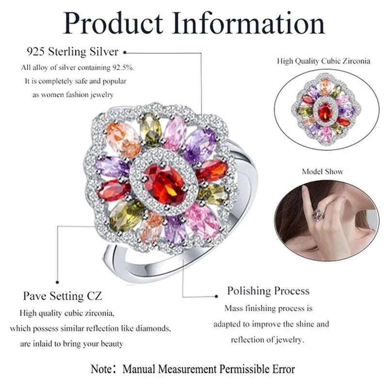 Gloriya Fashion Summer Silver Plated Engagement Party Ring Jewelry Inlaid Exquisite Multi Cut Green Red Purple Color CZ Crystal Big Wedding Band for Women
