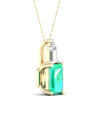 Gemstone 10K Yellow Gold Octagonal Cut Emerald and Diamond Pendant Necklace