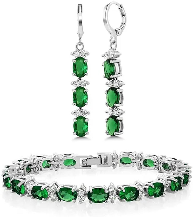 7 Inch Emerald Amethyst Ruby Sapphire and White Tennis Bracelet Set With Matching 2 Inch Oval Dangle Earrings For Women