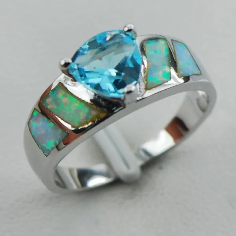 Aquamarine White Opal 925 Sterling Silver Fashion Ring Size 6 7 8 9 10 R1293