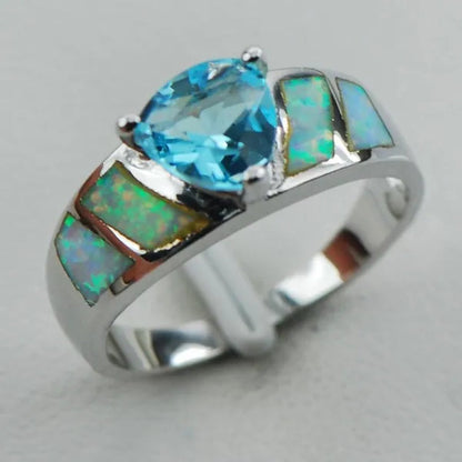 Aquamarine White Opal 925 Sterling Silver Fashion Ring Size 6 7 8 9 10 R1293