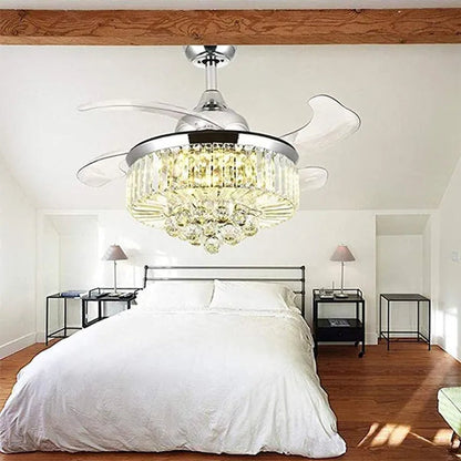 42 Inches Ceiling Fan Light Remote Control LED Pendant Light Crystal Dimmable Metal Luxury Invisible Ceiling Chandelier Lighting