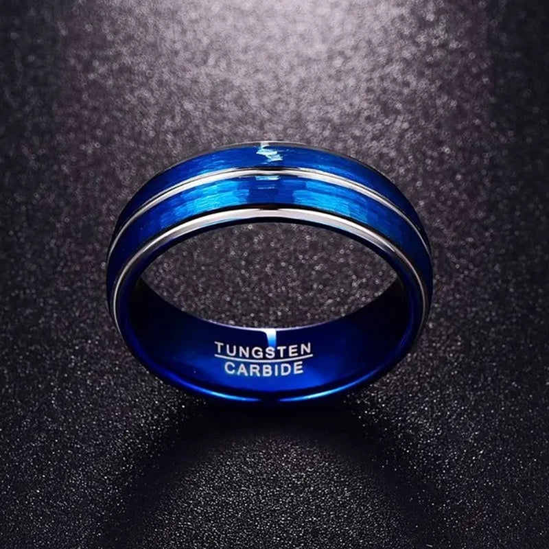 NEW 8mm Polished Grooved Tungsten Steel Rings Blue Brushed Hammered Step Edge Jewelry  for Men Wedding Band