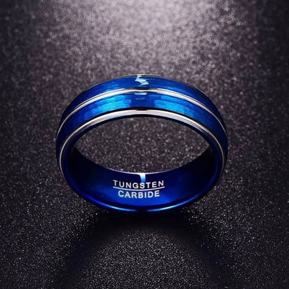 NEW 8mm Polished Grooved Tungsten Steel Rings Blue Brushed Hammered Step Edge Jewelry  for Men Wedding Band