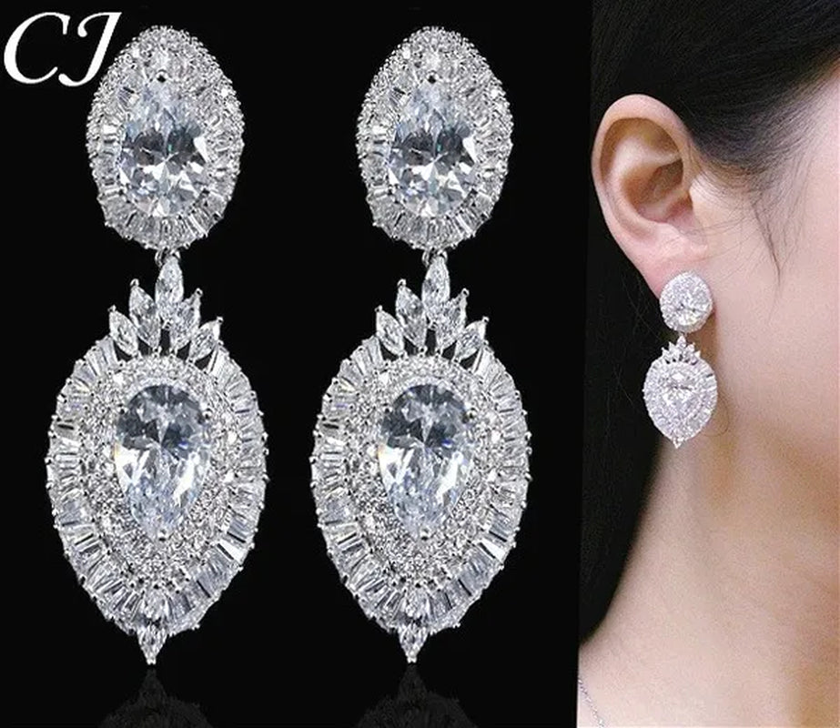 CANDICE Luxury Jewelry 18K Platinum Plated Double Large Water Drop Cubic Zirconia Crystal Long Dangle Earrings For Wedding Gift