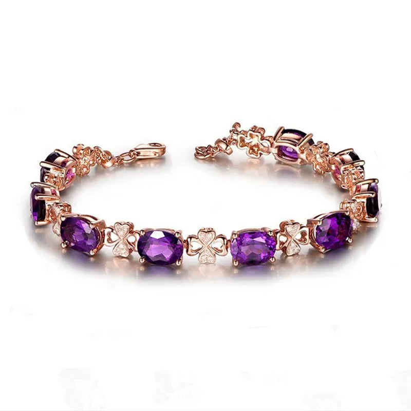 Fashion Amethyst Flower Pendant Necklace Water Drop Cubic Ziconia Earrings Four Leaf Clover Bracelet Double Heart Open-End Ring Jewelry Set For Women Gift
