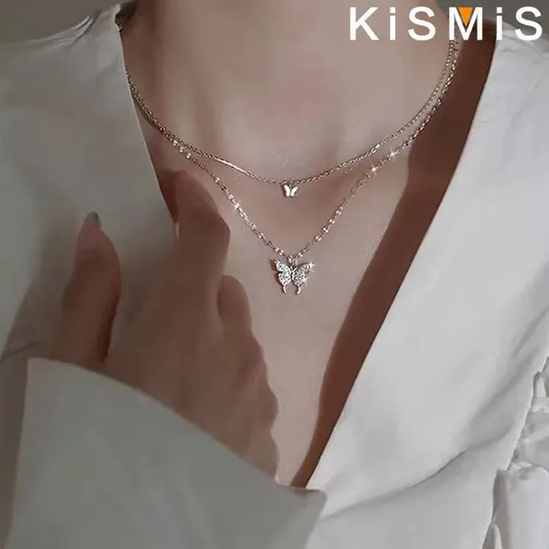 KISMIS 1 Pc/2 Pcs Exquisite and Creative Women's Diamond Necklace Butterfly Double Layer Necklace Shiny Diamond Ladies Clavicle Chain Elegant Charm Wedding Pendant Jewelry