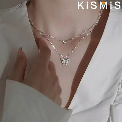KISMIS 1 Pc/2 Pcs Exquisite and Creative Women's Diamond Necklace Butterfly Double Layer Necklace Shiny Diamond Ladies Clavicle Chain Elegant Charm Wedding Pendant Jewelry