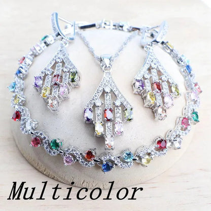 Blue/Red/Green/Purple Zircon 925 Silver Jewelry Set For Women