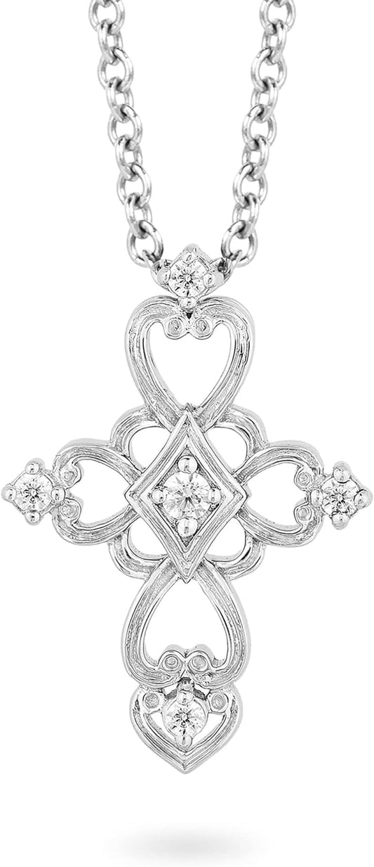 Hallmark Fine Jewelry Sterling Silver Natural White round Diamond Accent Filigree Romantic Cross Pendant Necklace, 18" Cable Chain