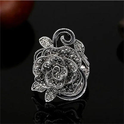 US/UK Trendy Women Retro Rose Flower Ring Black Crystal Vantige Big Flower Rings Jewelry Gift