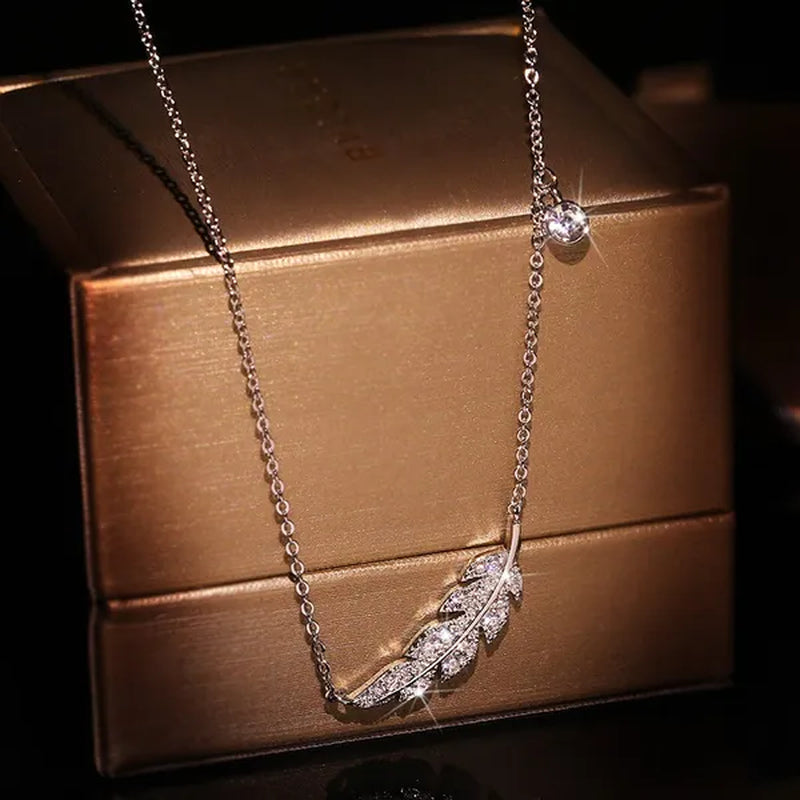 Bohemian Crystal Angel Feather Wing Pendant Necklace Party Jewelry 925 Sterling Silver Clavicle Necklace for Women 18inch Chain