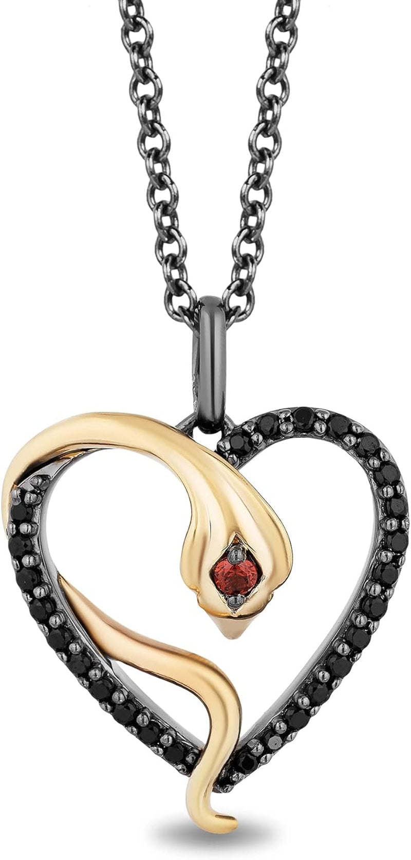 Enchanted Disney Fine Jewelry Black Rhodium over Sterling Silver and 10K Yellow Gold 1.75MM round Garnet and 1/5 Cttw Treated Black round Diamond Jafar Heart Pendant Necklace, 18" Cable Chain