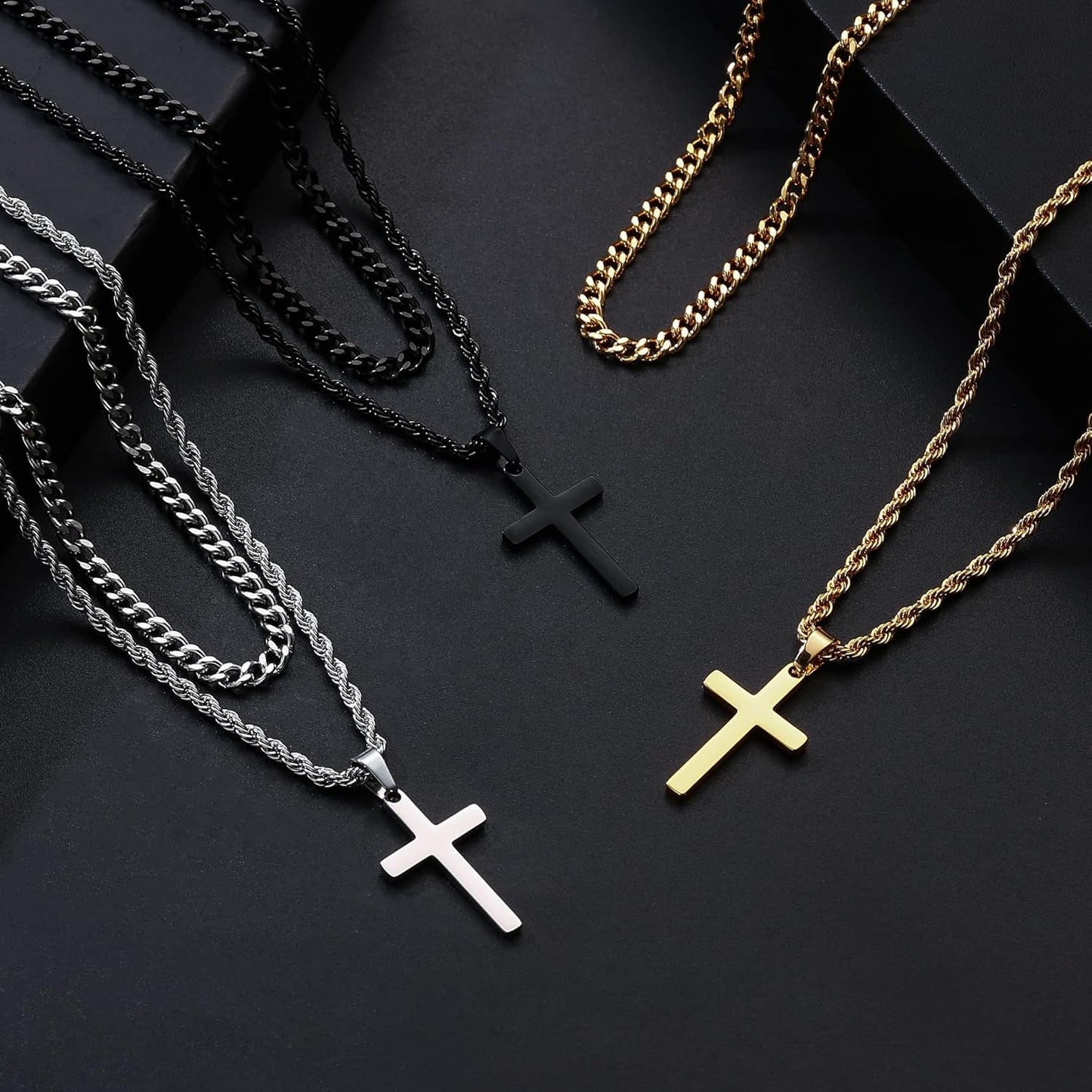 Valentines Gifts for Him Teen Boys - Cross Necklace for Men, Gold Black Silver Mens Cross Necklaces Stainless Steel Cross Pendant Necklace Simple Jewelry Gifts Cross Chain Necklaces for Men