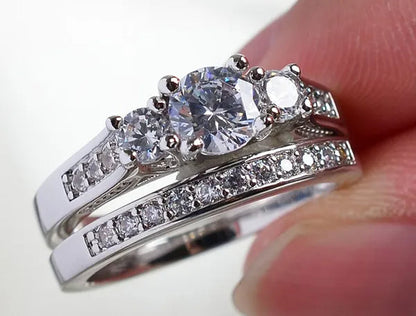 Sz6-9 10kt Wedding&Engagement Ring Bridal set White Gold Filled Three Stone CZ Lady Band